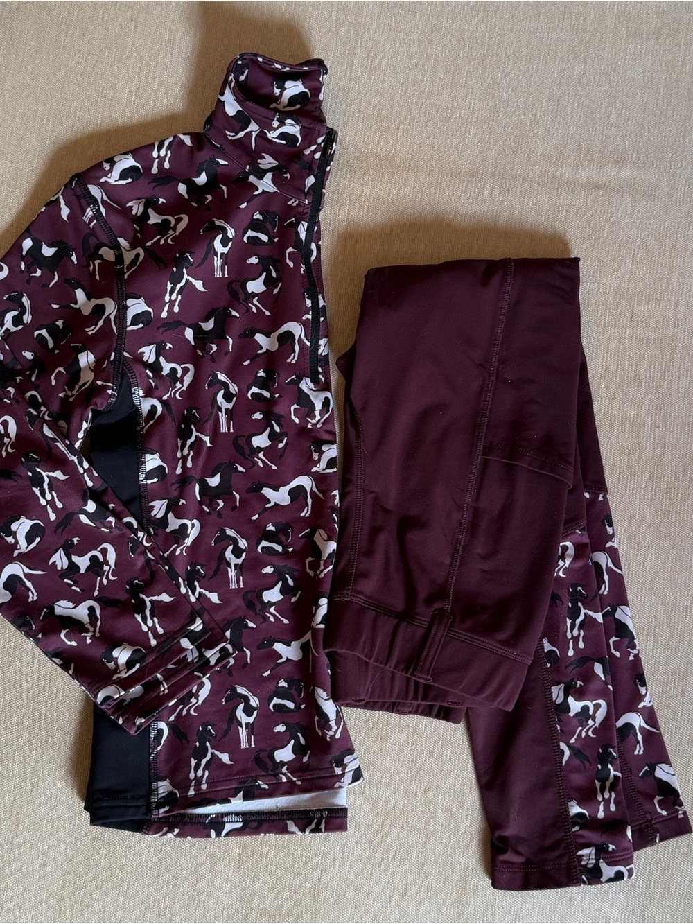Kerrits Girl’s Maroon Fleece-lined Riding Leggings (L) & Quarter-zip Shirt (M)